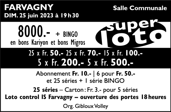 Image Loto dimanche 25.06 19h30 a Farvagny Image Loto dimanche 25.06 19h30 a Farvagny